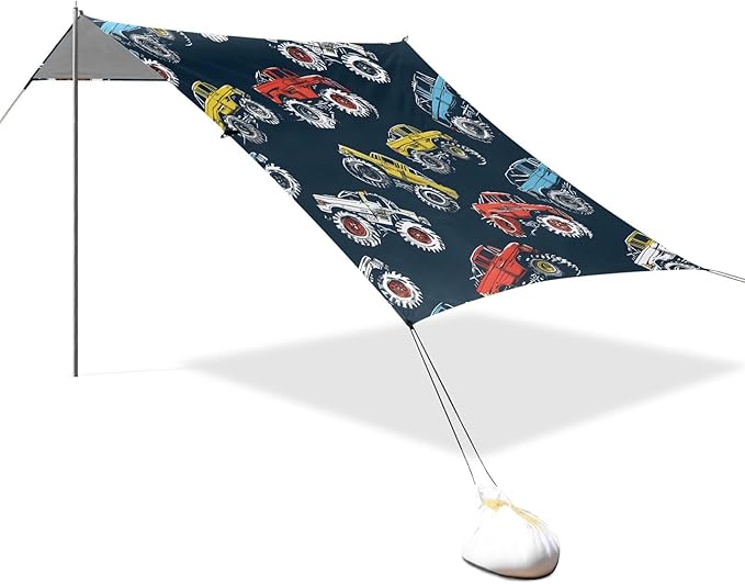 ALAZA Monster Trucks Comic Style Beach Tent Sun Shelter UPF50+ Protection Beach Shade Canopy w/ 4 Sandbags for Outdoor Camping Fishing Backyard Fun Picnic 10x9 ft