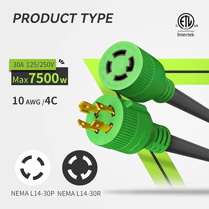 RVMATE 30 Amp Generator Cord 4 Prong 25 Feet NEMA L14-30P/L14-30R 125/250V Up to 7500W 10 Gauge SJTW Generator Extension Cord ETL Listed