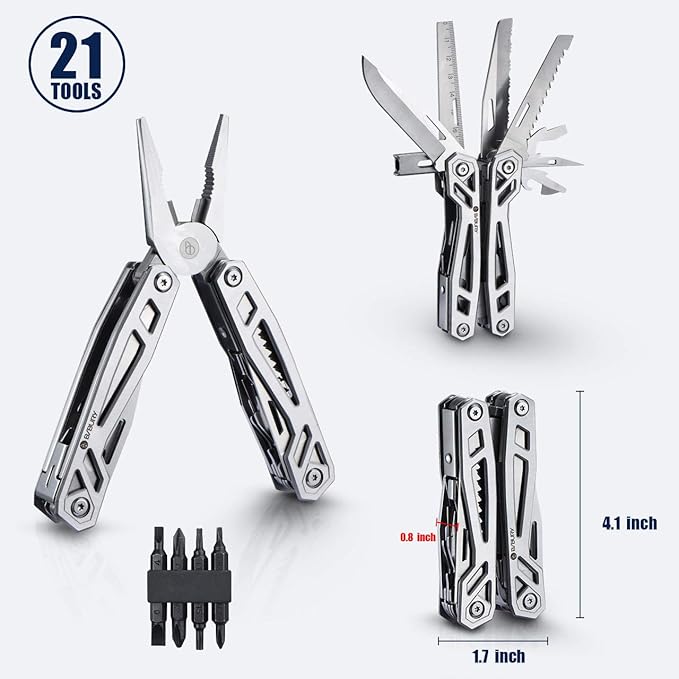 BIBURY Multitool with Pocket Knife 21-in-1 Stainless Steel Pliers with Screwdriver Safety Locking Multi tools with EDC Knife for Survival Camping Fishing Repair Birthday Gifts for Men Women