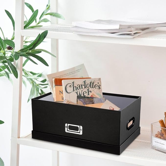 Briful Decorative Storage Boxes with Lids Set of 2 – 14'' + 13'' Set Rectangular Nesting Boxes – Cardboard Organizer with Lift-Top Lid – Black Wood for Home &amp Office