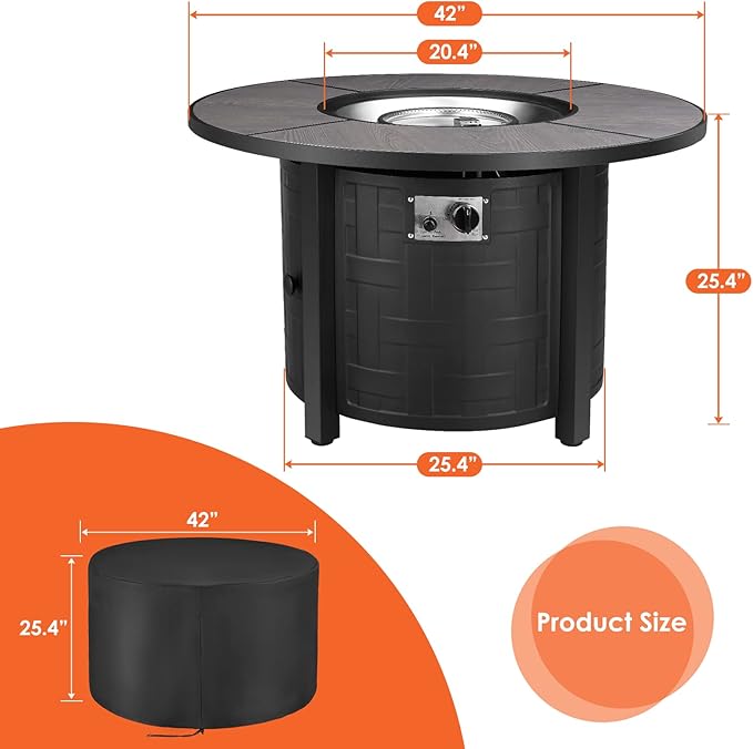 TLGREEN Propane Fire Pit Table 42 Inch Round – 50000 BTU Outdoor Fire Pit with Lid Converts to Patio Coffee Table Certified Includes Waterproof Cover &amp Blue Fire Glass