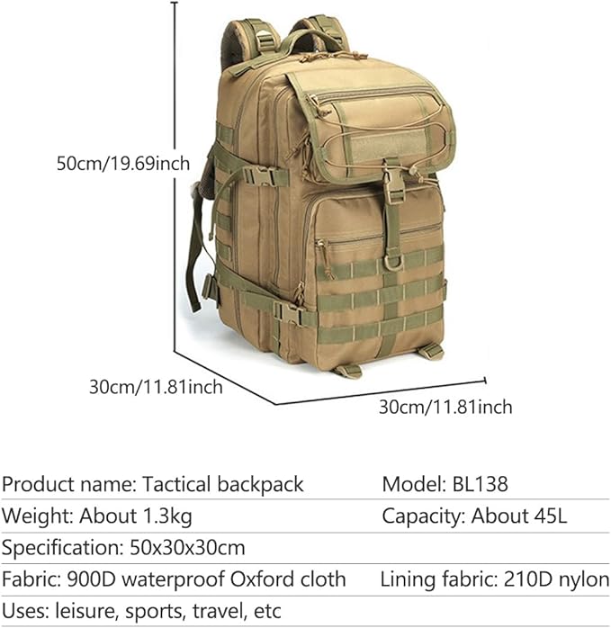 45L Military Tactical Backpack Large Army 3 Day Assault Pack Molle Army Bag Rucksack Hiking Treeking (Black)
