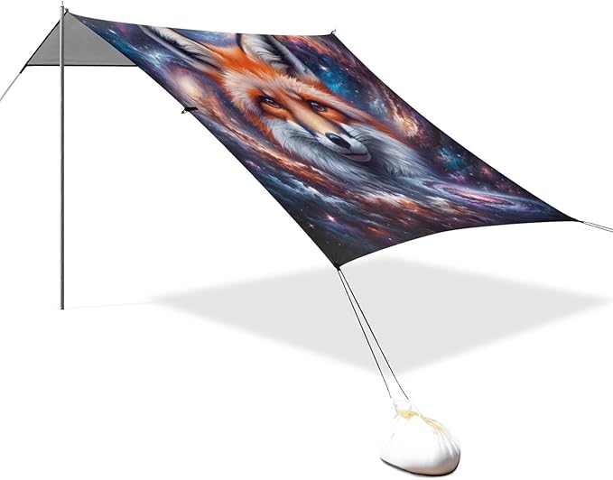 ALAZA Fox Galaxy Nebula Beach Tent Sun Shelter UPF50+ Protection Beach Shade Canopy w/ 4 Sandbags for Outdoor Camping Fishing Backyard Fun Picnic 10x9 ft