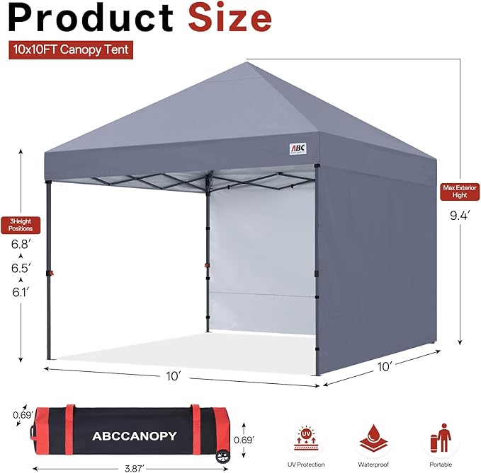 ABCCANOPY Easy Pop up Canopy Tent with 2 Sidewalls for Outdoor Sun Blocking or Rain Protection10x10 Gray