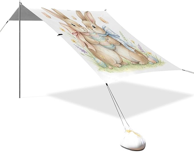 xigua Easter Bunny Beach Tent Sun Shelter with Carrying Bag - Silver Coated Oxford Fabric Beach Canopy for Beach Camping Fishing - Includes Windproof Ropes Sandbags &amp Stakes