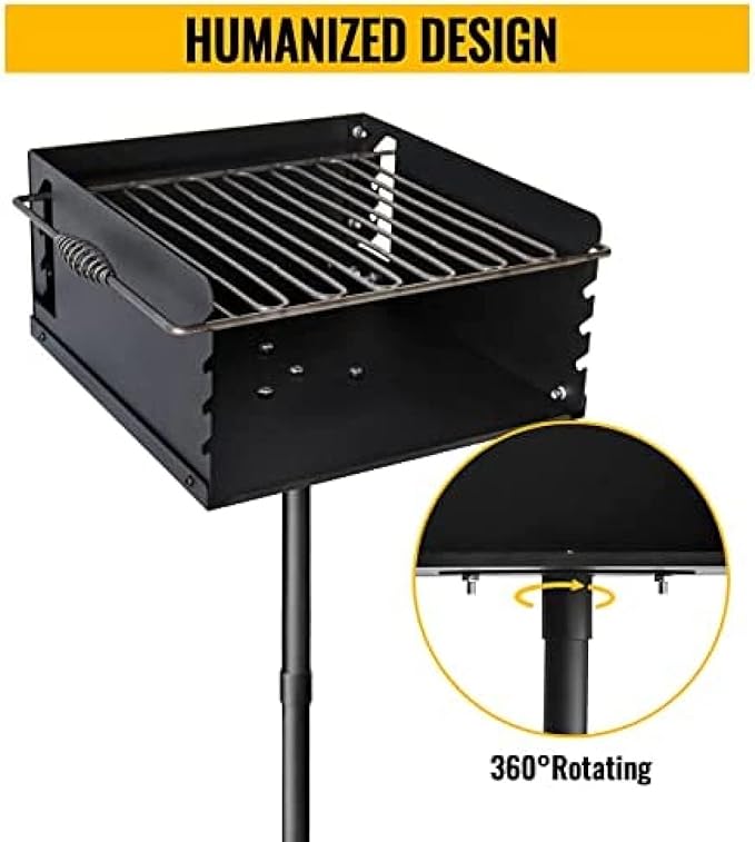 Park Style Charcoal Grill With Grate Single Post Carbon Steel 50 Inch Height Pole Heavy Duty Outdoor Park Grill For BBQ Camping Backyard16x16 Inch