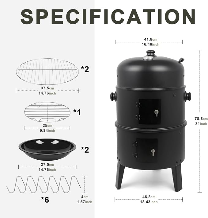 Charcoal BBQ Smoker 16 Inch Heavy Duty Grill with 2 Cooking Area and Thermometer 4 In 1 Vertical Smokers Grill for Outdoor Camping Backyard Picnic Party
