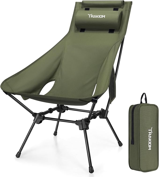 Trakiom High Back Portable Compact Camping Chair Lightweight Green Folding Chair with Head Support &amp Widened Seat Adjustable Head Support for Beach Camping Festival Hiking and Outdoor Travel