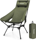 Trakiom High Back Portable Compact Camping Chair Lightweight Green Folding Chair with Head Support &amp Widened Seat Adjustable Head Support for Beach Camping Festival Hiking and Outdoor Travel