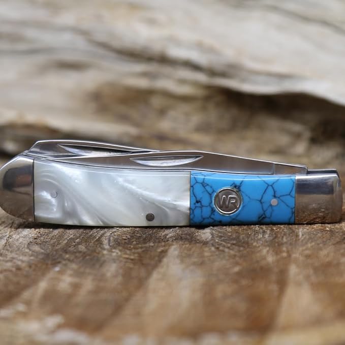 WHISKEY BENT HAT CO. Traditional Trapper Folding Pocket Knife 4.125 Closed Length 440C Stainless Steel Blades (Pearl Agate)