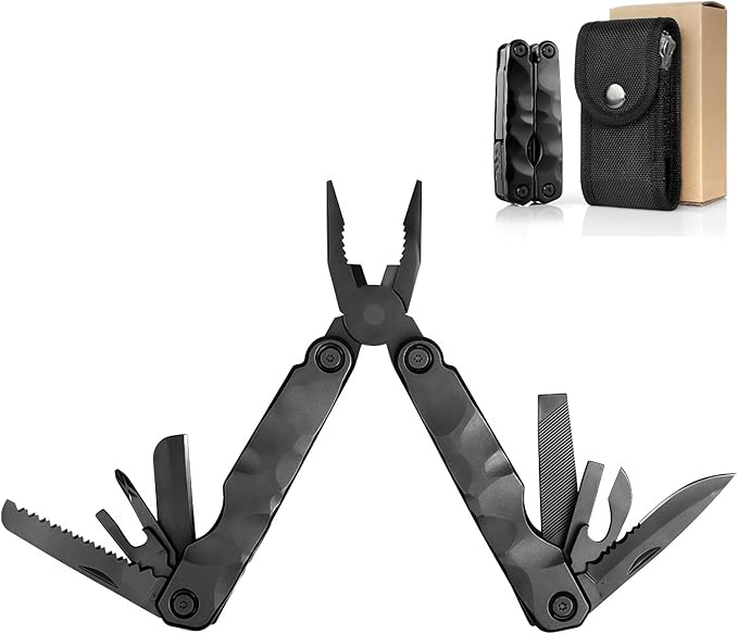 Multitool 13-in-1 Full-Size Lightweight EDC Multi-Purpose Pliers Stainless Steel and Aluminum Alloy Materials Camping Knives &amp Tools Gifts for Hunters Men who have Everything (Black)