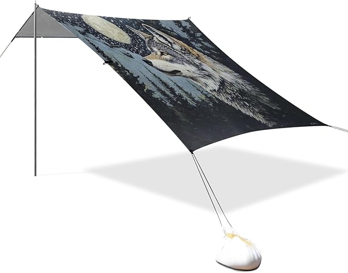 ALAZA Wolf Starry Sky Moon Beach Tent Sun Shelter UPF50+ Protection Beach Shade Canopy w/ 4 Sandbags for Outdoor Camping Fishing Backyard Fun Picnic 10x9 ft