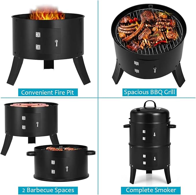 Giantex 3-in-1 Charcoal BBQ Smoker Outdoor Grill Cooker with Built-in Thermometer and 6 Hooks for Outdoor Backyard Cooking Grilling Camping