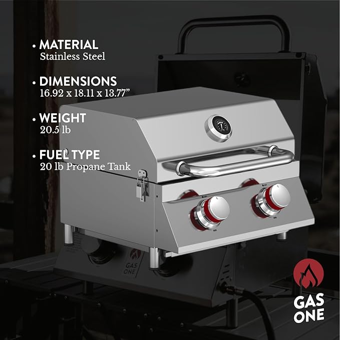 GasOne Portable Propane Grill – 16-inch Stainless Steel Tabletop Grill – Tabletop Gas Grill with Heat Control and Built-In Thermometer – Large Cooking Area – Ideal for Outdoor Camping Travel RV