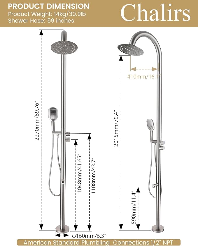 316 Marine Grade Stainless Steel Free Standing Outdoor Shower with Foot Wash 3-Function Nickel Shower Kit with 10''Rain Shower HeadOutdoor Shower Fixture for Backyard Beach Poolside