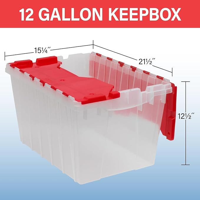 Akro-Mils KeepBox 12 Gallon Storage Container Nesting and Stackable Plastic Storage Box with Lid Attached Clear Tote for Garages Closets and Moving 21-1/2 x 15 x 12-1/2 Clear/Red