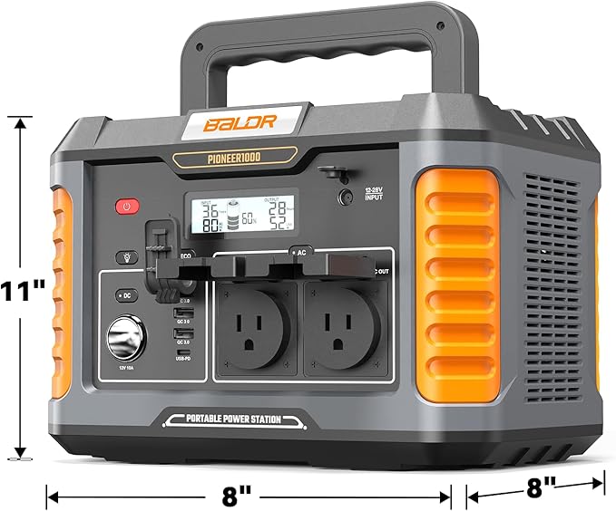 BALDR 1000W Power Station 808Wh 18.5 lbs Portable Lightweight Solar Generator with AC Outlet Multiple Ports for Camping Home Backup.