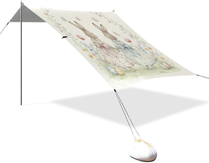 xigua Easter Bunny Beach Tent Sun Shelter with Carrying Bag - Silver Coated Oxford Fabric Beach Canopy for Beach Camping Fishing - Includes Windproof Ropes Sandbags &amp Stakes