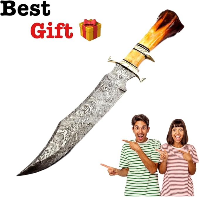 Hand Made Damascus Steel Collectible Bowie Knife Handle Camel Bone (Red)