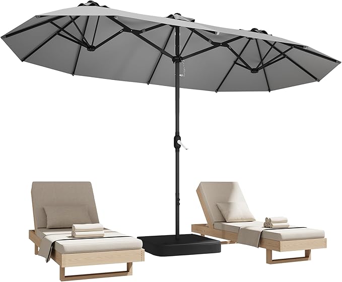 DomeShade 15ft Patio Umbrella with BaseLarge Outdoor Double-Sided Rectangle Umbrella with Crank Handle Market Umbrella for Poolside Garden Deck Backyard Beach Pools Gray