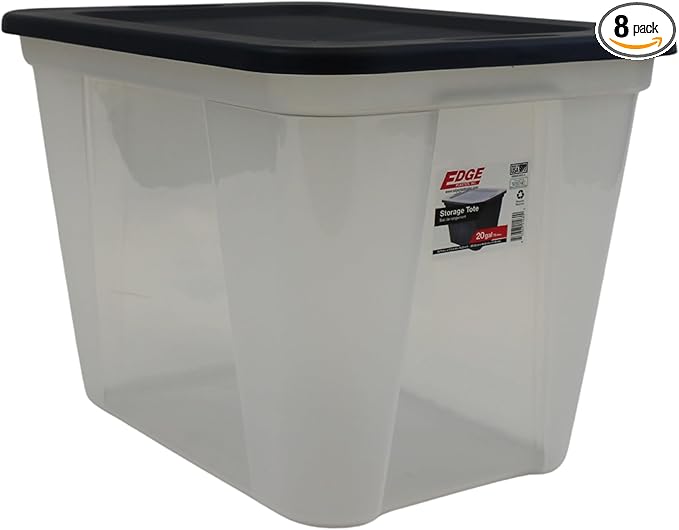 Square Base Storage Tote durable storage in for home or garage with secure snap lid designe for stacking (8 Clear with Ink Lid 20 Gallon)