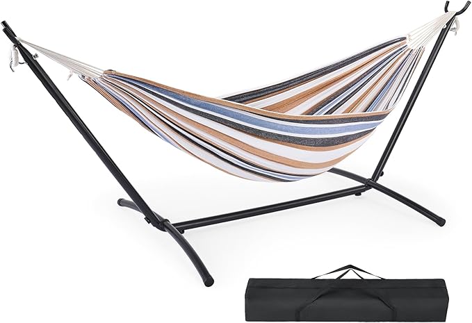 DUMOS Double Hammock with Space Saving Stand Heavy Duty Steel Frame Portable for Outside &amp Indoor Use 450lbs Capacity Easy Assembly Carrying Bag Included Beige