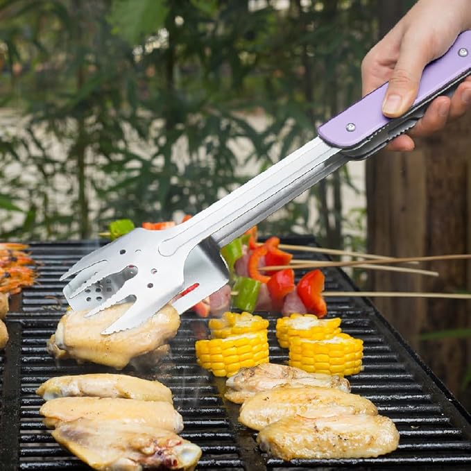 ROXON S601 14 6 in 1 MBT3 Folding Grill Utensils Set Fork Spatula Grilling Knife Tongs Opener for Backyard Barbecue and Camping (Purple)