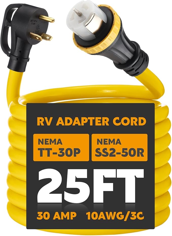 25ft 30 Amp to 50 Amp RV Locking Adapter Cord Compatible with Nema TT-30P Male to SS2-50R Locking Female Power Dog Bone Plug for RV Trailer Camper STW 10 Awg/3c