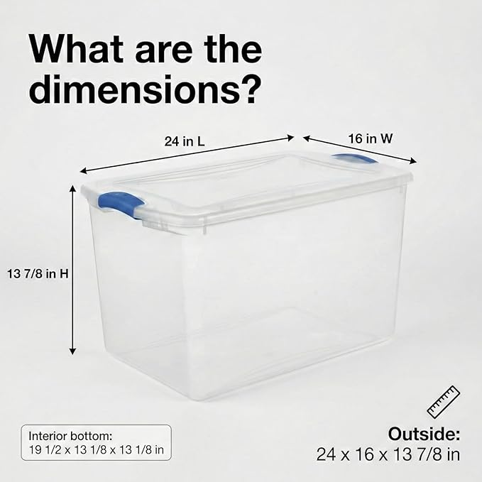 66 Quart Clear Latching Storage Bin with Lid Stackable Plastic Tote for Closet Bedroom Dorm &amp Craft Room Storage 24 x 16 x 13 7/8 in Blue Latches (2 Pack)