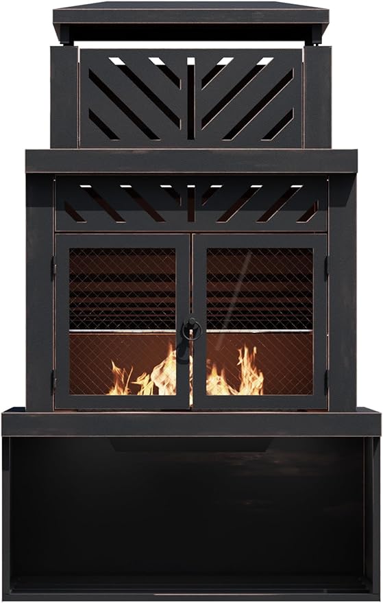 Outdoor Fireplace with Chimney and Wood Storage Metal Wood Burning Fire Pit with Heat Resistant Gloves Fire Poker and Grill Mesh Outside Fireplace for Patio Garden and Deck Black