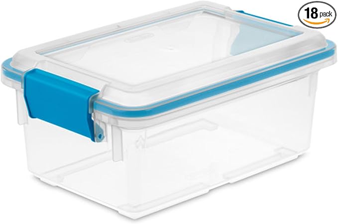Sterilite 18-Pack Gasket Box Weather-Resistant Storage Bins with Latching Lids 7.5 Quart - Heavy-Duty Organizing Containers for Closet Bathroom and Office