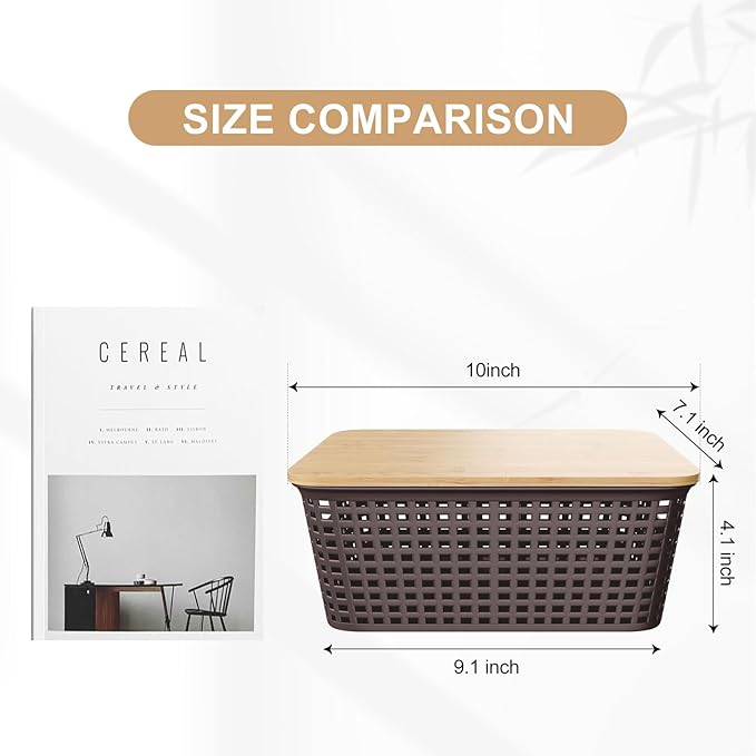 6Pcs Storage Bins with Lids Stackable Plastic Storage Basket with Bamboo Lid Pantry Organizer Box Small Containers for Organizing Shelves Drawer Desktop Closet Cabinet Office Classroom 10x7.1x4.1in