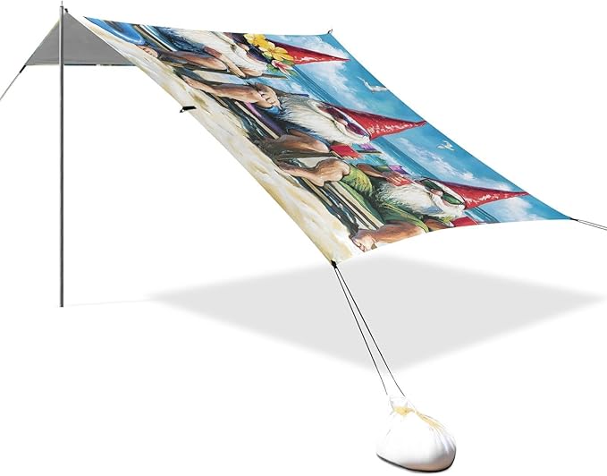 ALAZA Three Gnomes Beach Summer Beach Tent Sun Shelter UPF50+ Protection Beach Shade Canopy w/ 4 Sandbags for Outdoor Camping Fishing Backyard Fun Picnic 10x9 ft