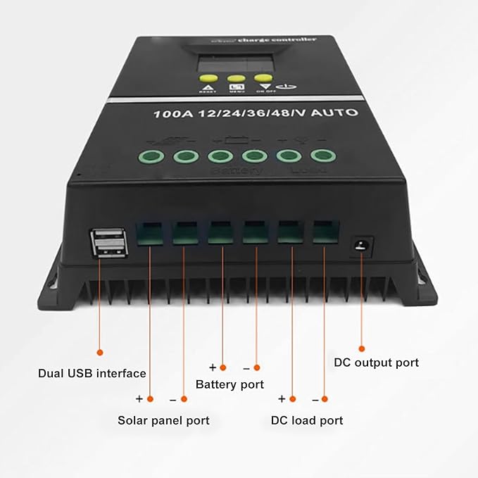 100A MPPT Solar Charge Controller Solar Panel Regulator 12V/24V/36V/48V Dual USB Ports Overload Temp Protection with 7 Work Modes for Gel Flooded LifePO4 Battery Charging