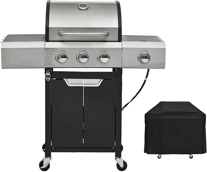 3 Burner Gas Grill with Cloth Cover – High-Powered 51000 BTU Burners Stainless Steel Construction Ample Cooking Space – Perfect for Backyard Barbecues Parties and Family Gatherings