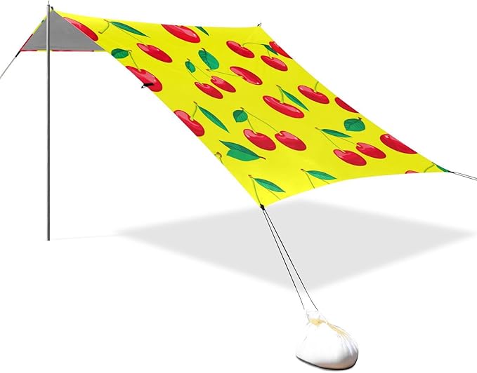 Beach Canopy with Windproof Ropes &amp Sandbags Beach Tent Sun Shade Sun Shelter for Camping Trips Fishing Backyard Fun or Picnics Red Cherries