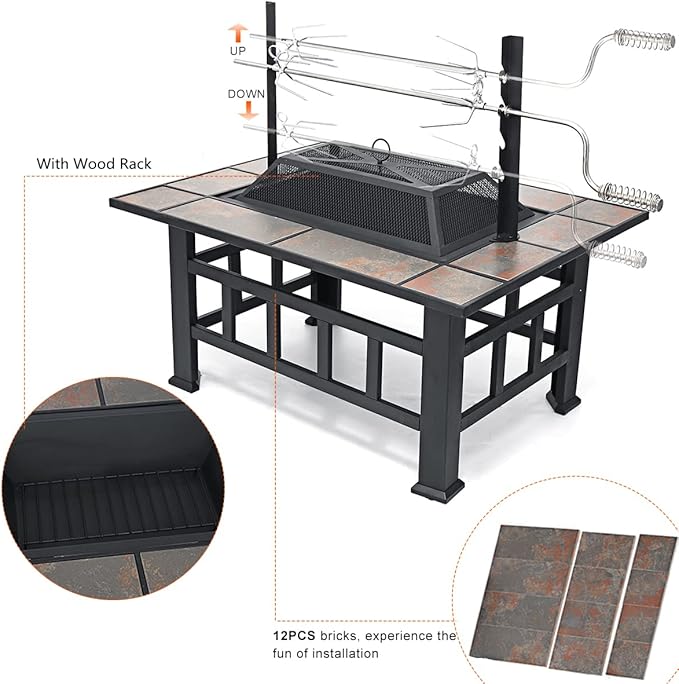 SINGLYFIRE 37 Inch Fire Pit Table with Grill for Outside Large Square Wood Burning firepit Heavy Duty Steel Bonfire Pit Cooking with Spark Screen Log Grate Poker for Backyard Garden Camping
