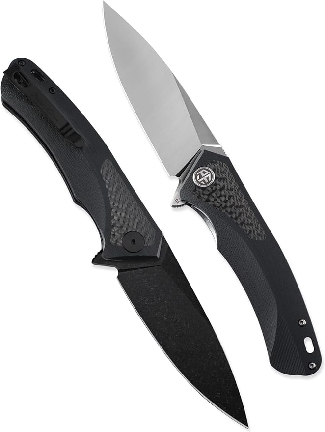 Petrified fish PF8383.74 Black Stonewashed D2 Blade166.6g Carbon fiber &amp G10 Handle Flipper Folding Knife