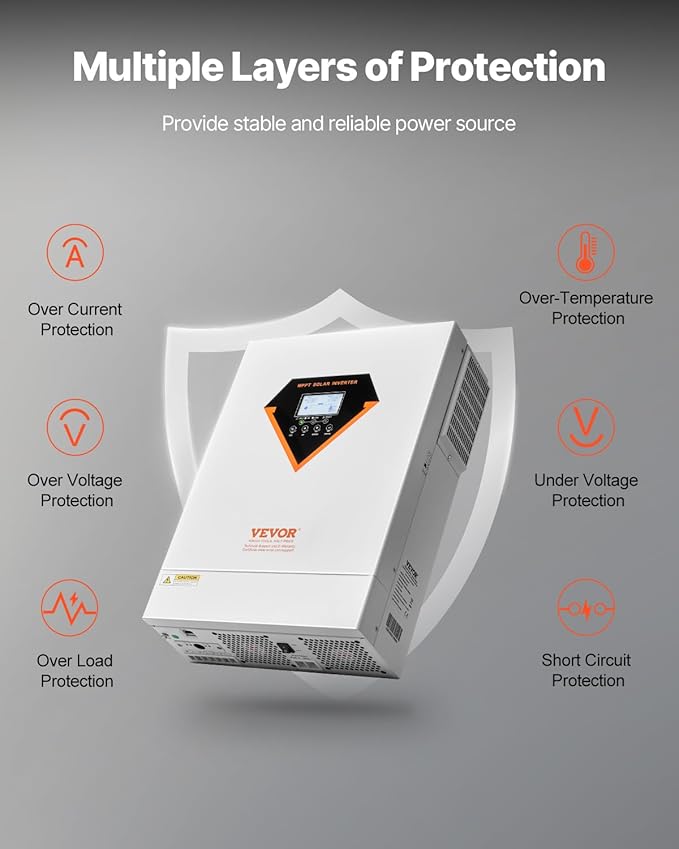 VEVOR Hybrid Solar Inverter 6000W Single Phase Pure Sine Wave Power Inverter 48V DC to 220/230V AC with Built-in 120A MPPT Solar Charge Controller for Off-Grid System Lead Acid Lithium Battery