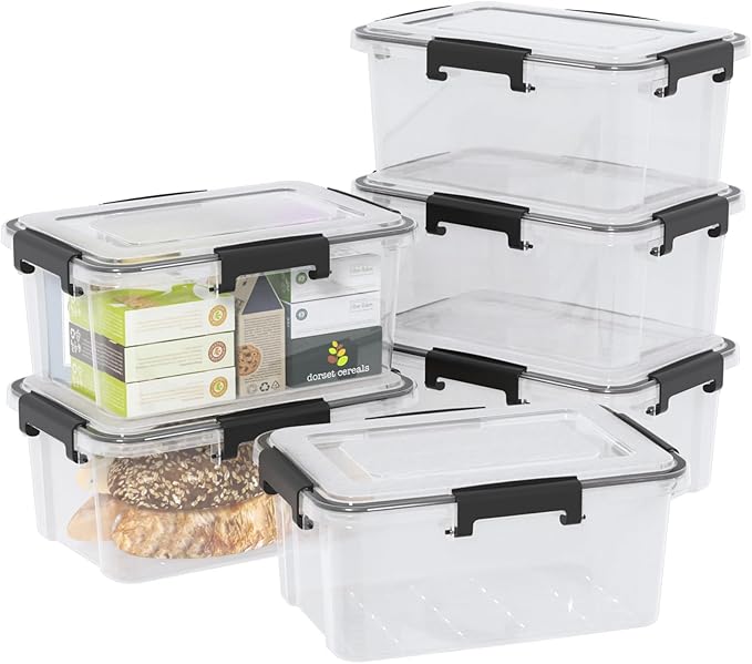12 Quart Plastic Gasket Box with Tight Latch and Seal Storage Bins with Snap Lid Clear Latching Storage Box 6 Packs
