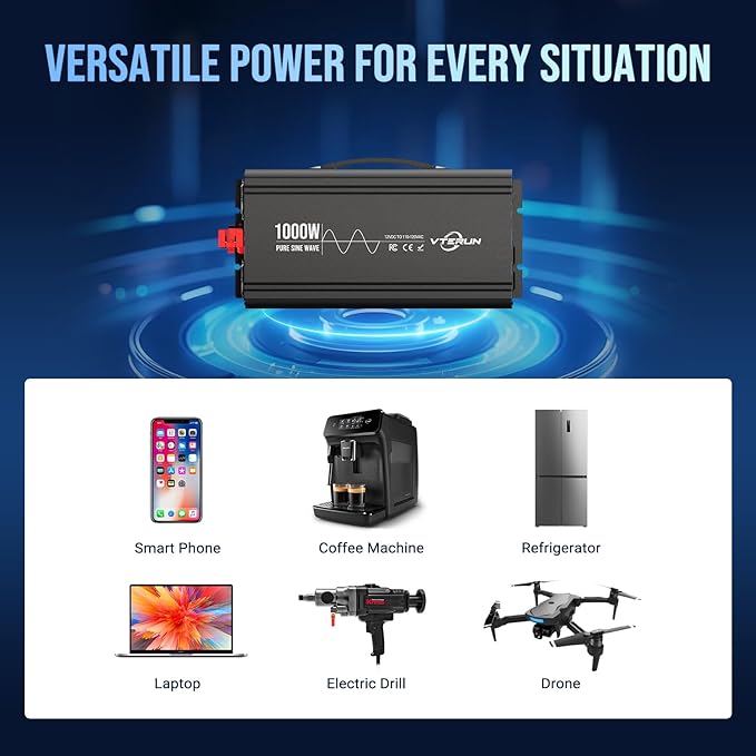 1000W Pure Sine Wave Inverter 12V DC to 110-120V AC Efficient Energy Converter for Home RV Use with Wireless Remote Control with USB C Ports