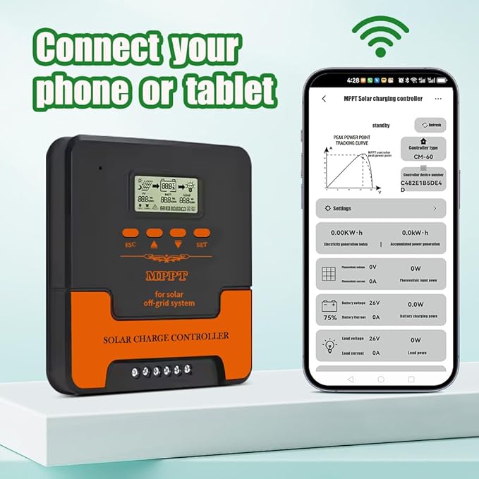 60A Smart MPPT Solar Charge Controller MPPT Controller up to 1440W Solar Panels 12V/24V DC Output with Dual USB Port for LiFePO4 AGM Sealed Gel Flooded Lithium Battery (APP Control)