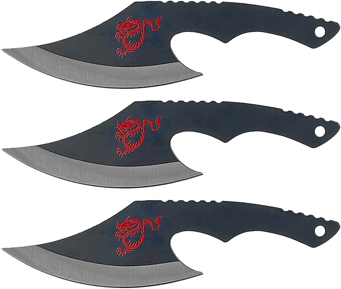 MedievalDepot Nightrage Dragon Set of Throwing Axes – Set of 3 – Overall 7.5” – Black Metal Chinese Style Axes with Rockaway Blade – Includes Sheath with Belt Loop for Carrying