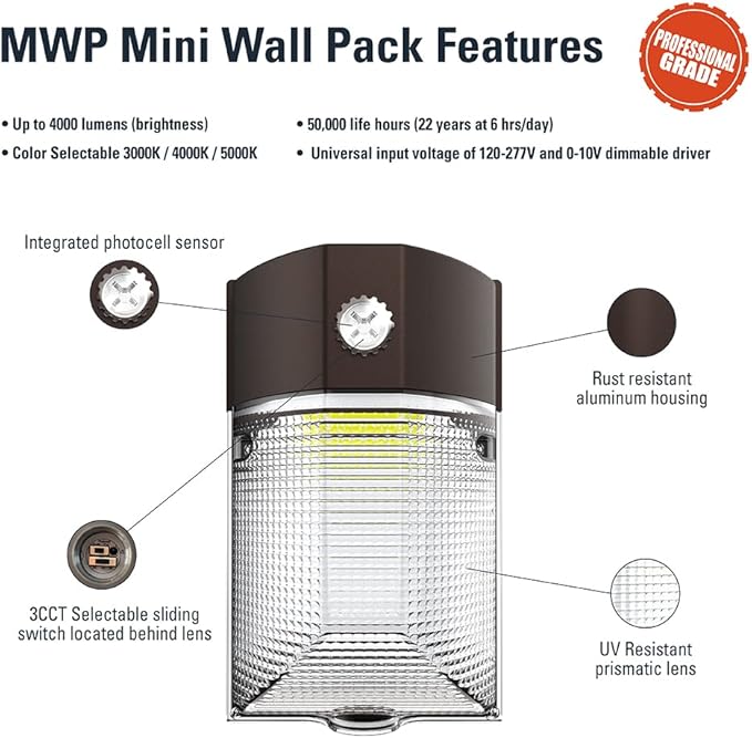 150- Watt Equivalent Integrated LED Bronze Finish Dusk to Dawn Mini Wall Pack Light Selectable CCT 3000K/4000K/5000K