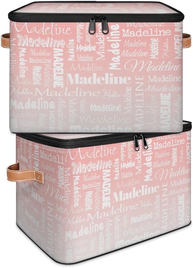 Custom Storage Basket with Name Personalized Keepsake Box with Zipper Lid Foldable Fabric Memory Bin Large capacity with Handle Pink White