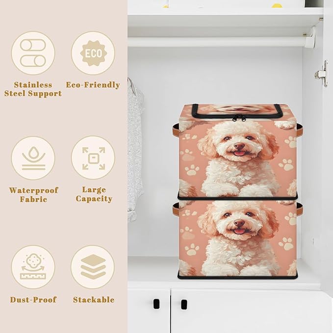 Teddy Dog Storage Box with Lid Cute Puppy Collapsible Storage Bins Baskets Cubes Closet Shelf Clothes Organizer Containers with PU Leather Handles