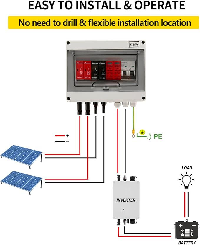 VOU 600V Solar DC PV Combiner Box2 String with Lightning Arrester Connector for On/Off Grid Solar Panel System2 Input 1 Out 15A Rated Current Fuse63A Circuit BreakerIP65 WaterproofMCBSPD