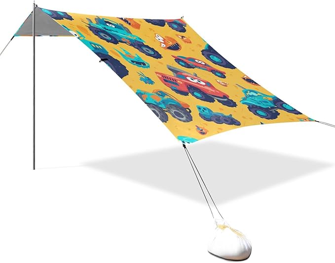 Hand Drawn Truck Car Pattern Cute Beach Canopy UPF50 Waterproof Sun Shelter Includes Sand Shovel Sandbags Stability Poles for Camping Picnics Backyard &amp Fishing