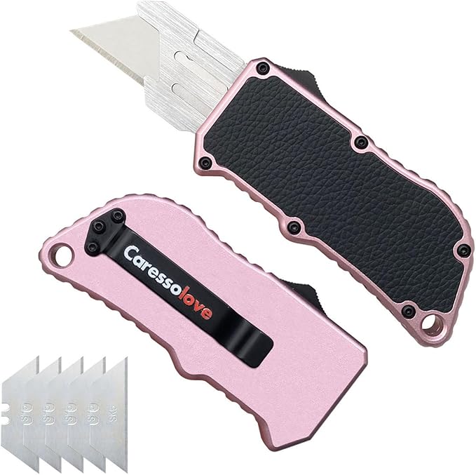 Caressolove Automatic Utility Knife Razor Blades Pocket Knife Box Cutters Retractable Heavy Duty Premium Safety Push Button Knife with 5PCS Blades (Rose gold)