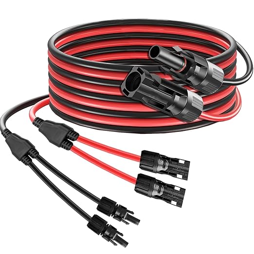 Solar Panel Extension Cable 20FT 10AWG Solar Connectors Y Branch Parallel Adapter Cable 6mm² Wire for 2 Solar Panels Solar Panel PV Wire for RV Home Boat (20FT Red+20FT Black) (10AWG 20FT)